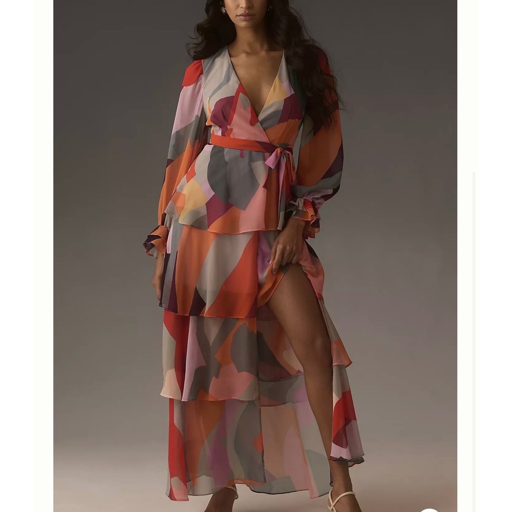 Hutch Wrap Maxi Dress Women 3XL Multi NWT Anthropologie Long Sleeve Deep V-Neck